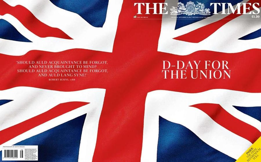 中新网9月18日电  据外媒报道，9月18日，苏格兰将就是否脱离英国而独立举行公民投票，公投的消息占据了当天英国各大报纸头版，多数报纸呼吁苏格兰留在联合王国。