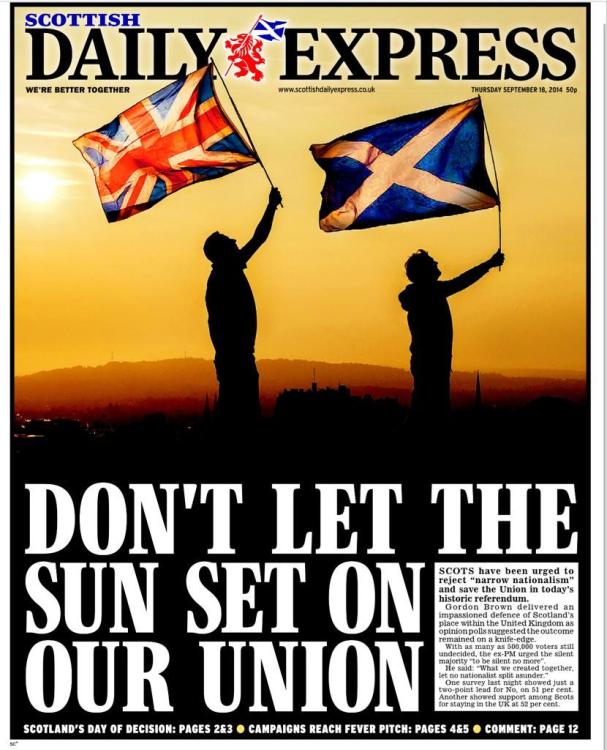 中新网9月18日电  据外媒报道，9月18日，苏格兰将就是否脱离英国而独立举行公民投票，公投的消息占据了当天英国各大报纸头版，多数报纸呼吁苏格兰留在联合王国。