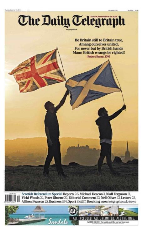 《每日电 讯报》的头版，英国国旗与苏格兰旗帜。