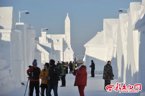 游客在冰雪嘉年华小镇游玩 